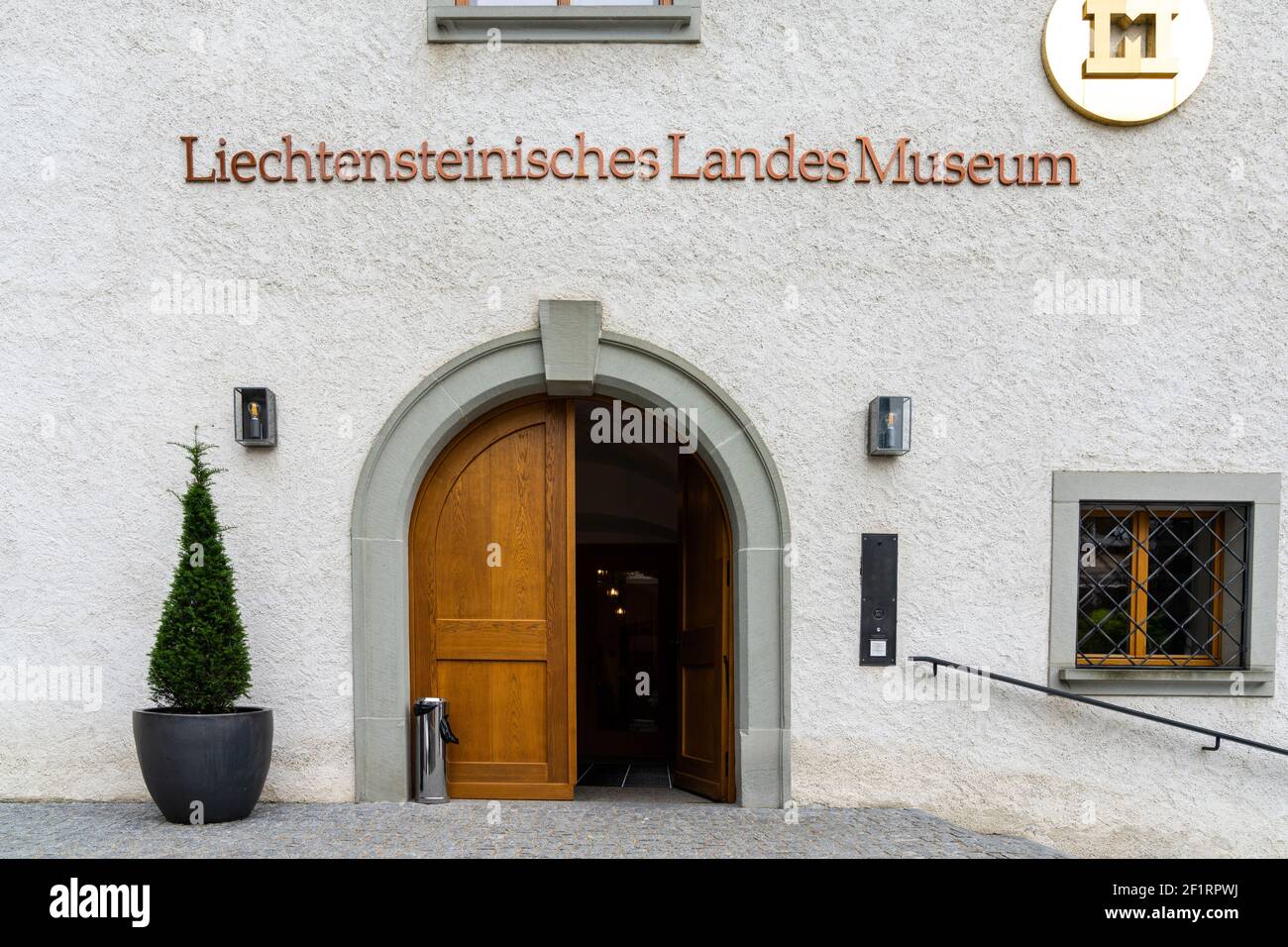 View of the Liechtensteinische Landesmueseum or national museum entrance in Vaduz Stock Photo