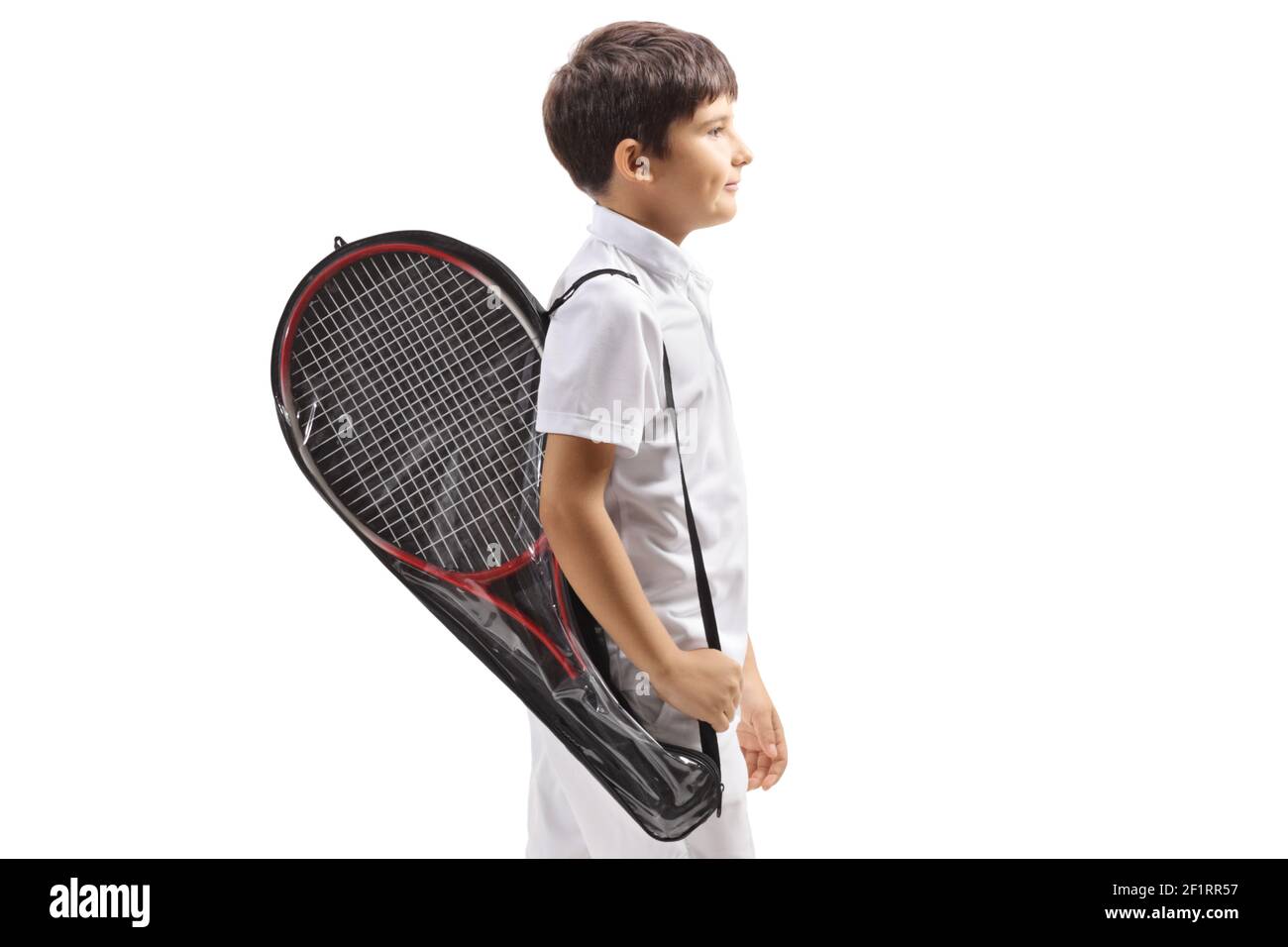 Child walking with a tennis racket in a case isolated on white ...