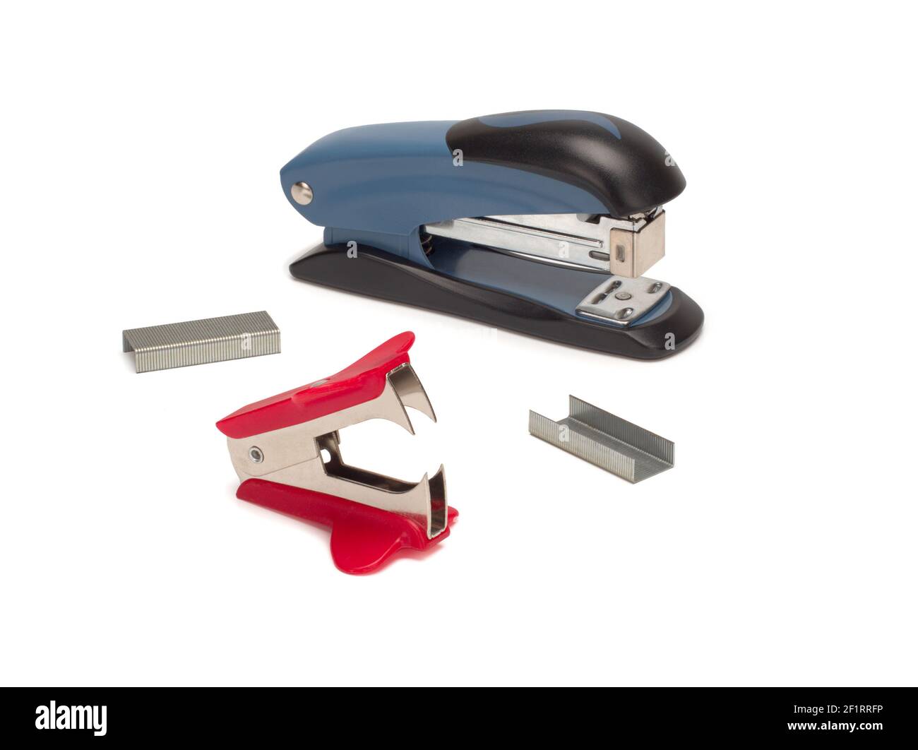Top view of stapler, staple remover and staples isolate on white background. Stock Photo