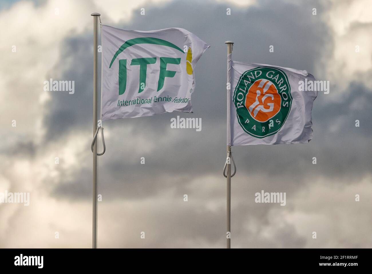 Roland Garros and ITF flags over the rooftop of Philippe Chatrier stadium  during the Roland Garros 2020, Grand Slam tennis tournament, on October 5,  2020 at Roland Garros stadium in Paris, France -