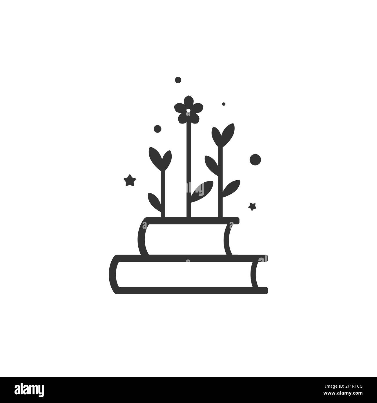 stack of books with sprigs or sprout, flower and stars. Flat icon isolated on white background. Vector illustration. Idea, study, school, inspiration Stock Vector