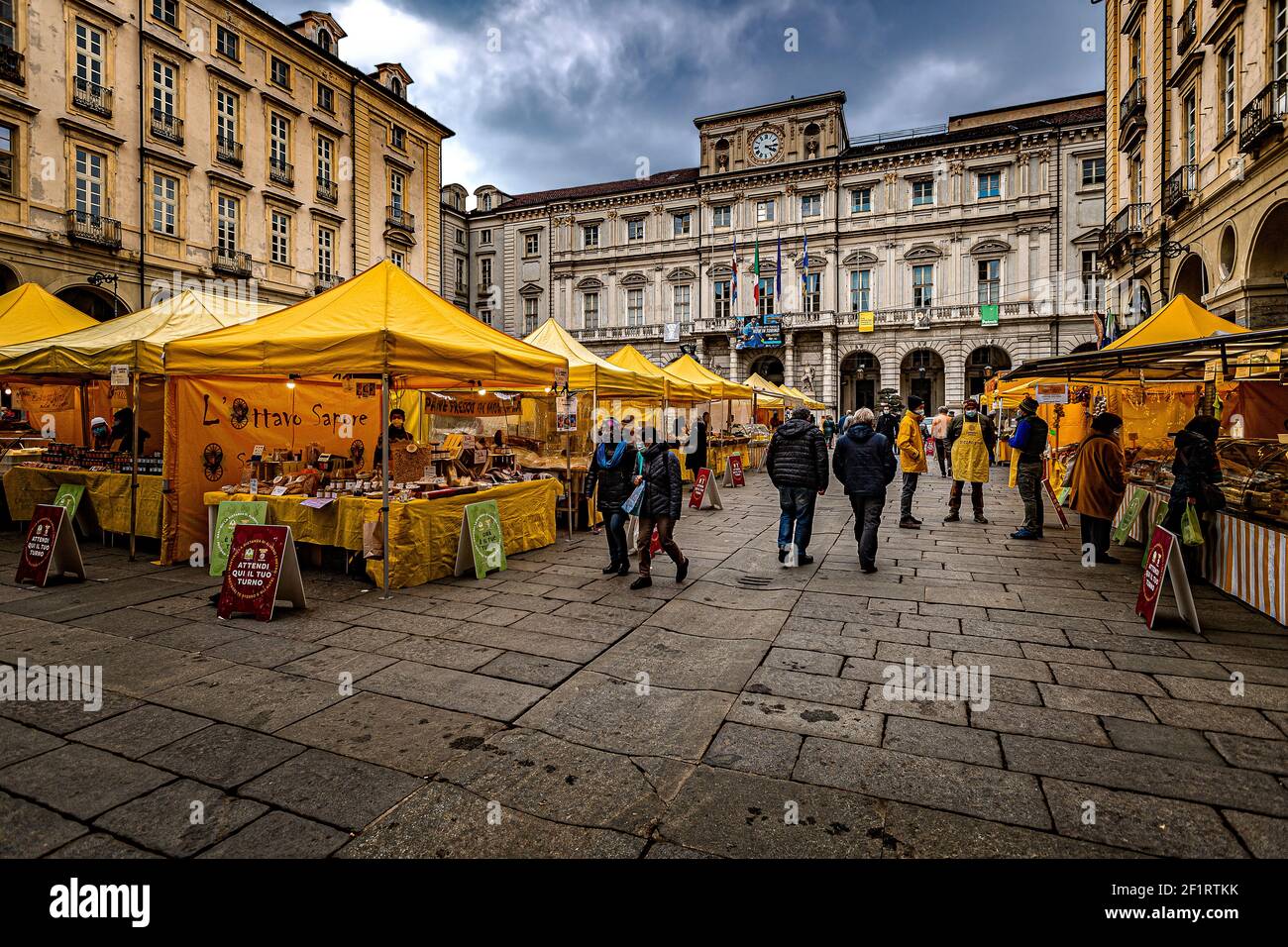Italy Piedmont Turin - Piazza palazzo di Città - Market Of Typical Product during the Pandemic Stock Photo