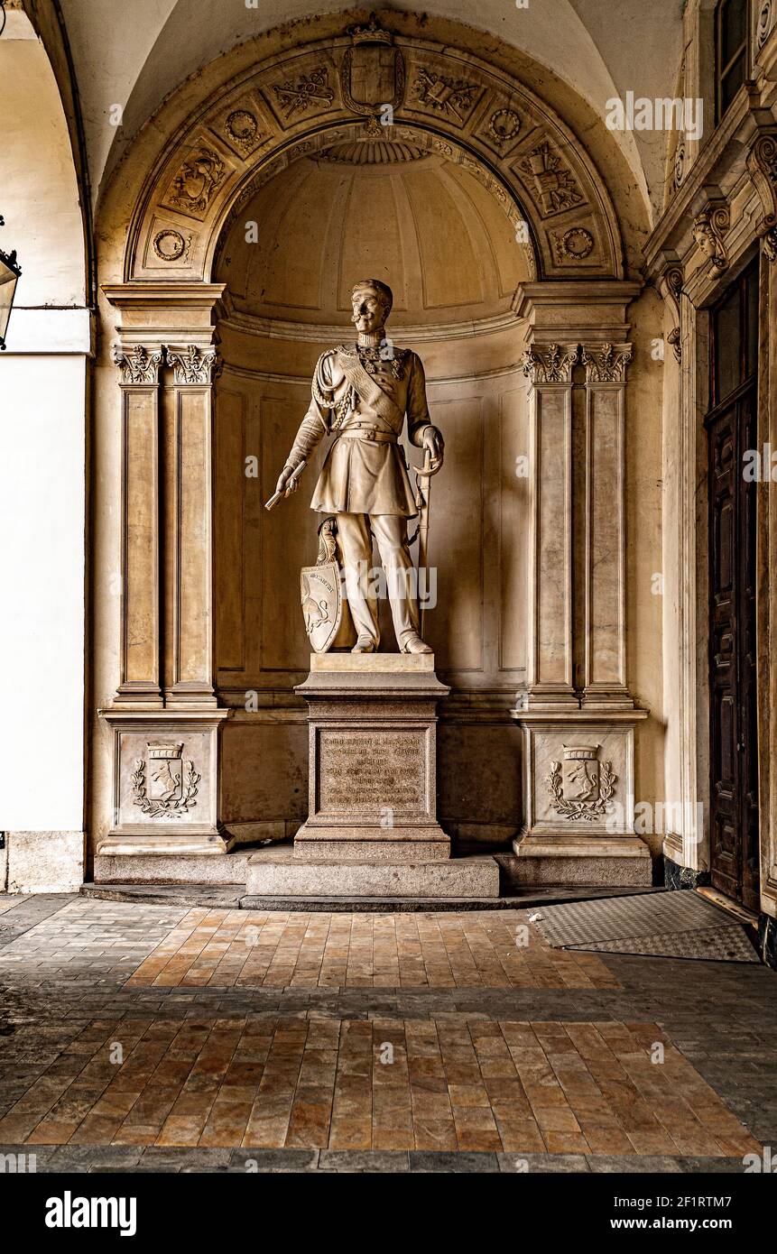 Italy Piedmont Turin - City Hall - King Carlo Alberto of Savoy Statue Stock Photo