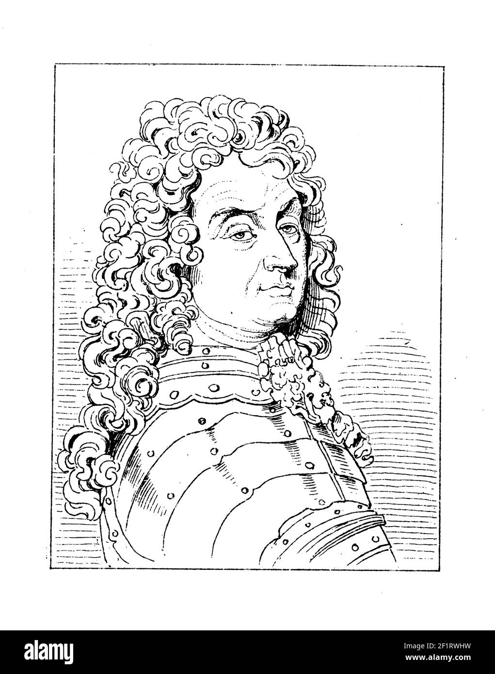 Antique illustration of a portrait of Charles of Schomberg, Duke of Schomberg and Halluin and French general. He was born on February 16, 1601 in Oise Stock Photo