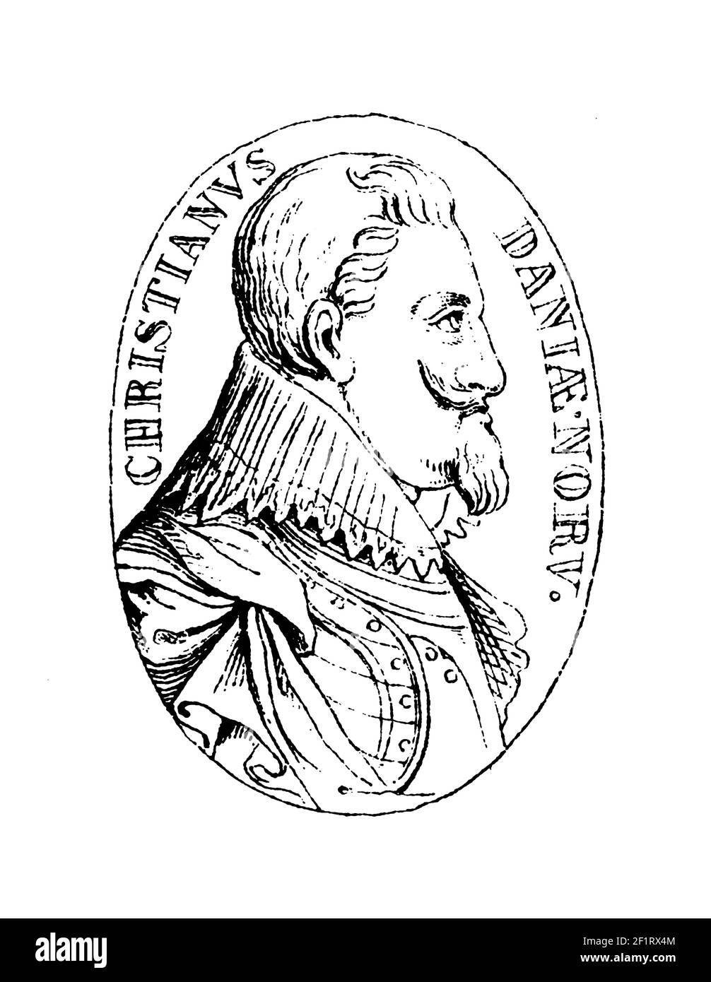 19th-century illustration of a portrait of Christian IV, King of Denmark and Norway. Born on April 12, 1577 in Hilerod, Denmark, Christian IV died on Stock Photo