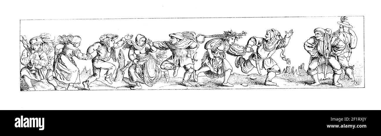 Antique illustration of H. Holbein's picture of dancing peasants. Published in Bilder-Atlas zur Weltgeschichte nach Kunstwerken alter und neuer Zeit ( Stock Photo