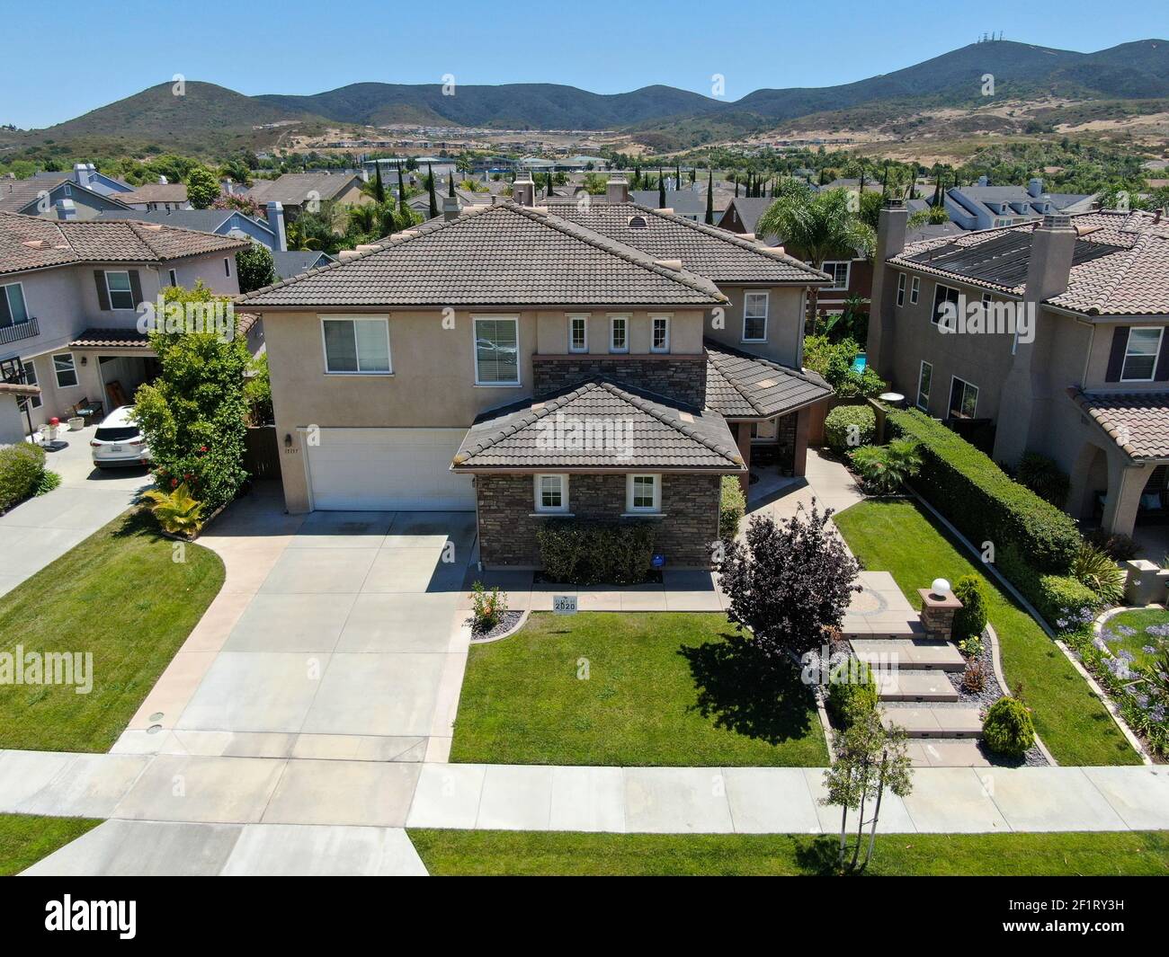 Aerial view of big villa in suburban neighborhood in San Diego Stock