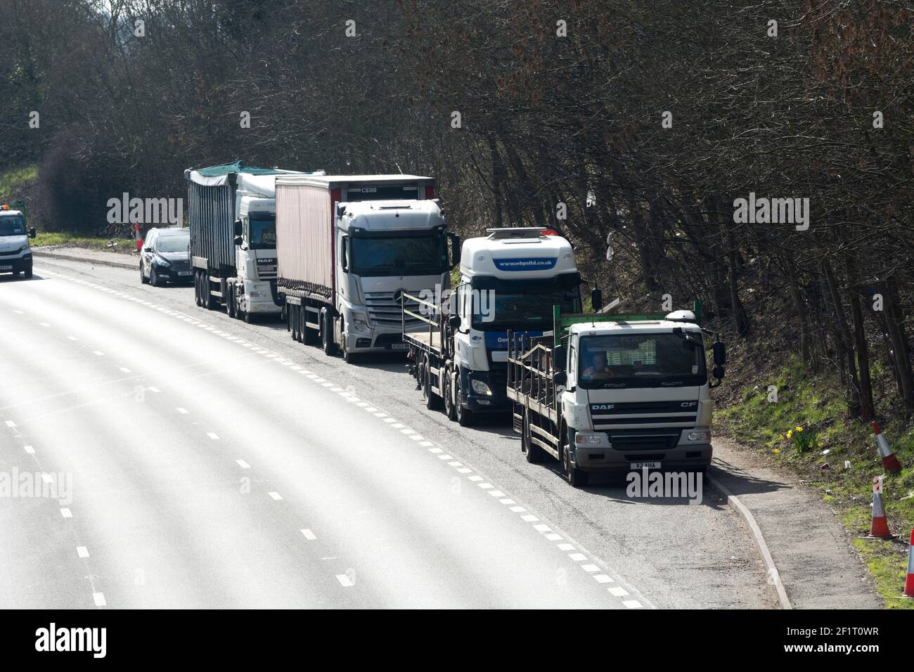 Vehicles parked in a lay-by on the A46 road, Leek Wootton, Warwickshire, England, UK Stock Photo
