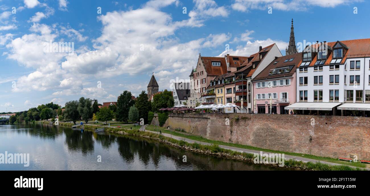 Panorama view of the city of Ulm in southern Germany with the Danube River in front Stock Photo