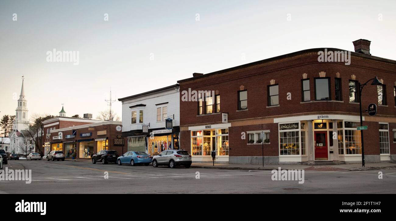 Golden hour at the intersection of Main Street and Walden Street in downtown Concord, Massachusetts, USA. Stock Photo