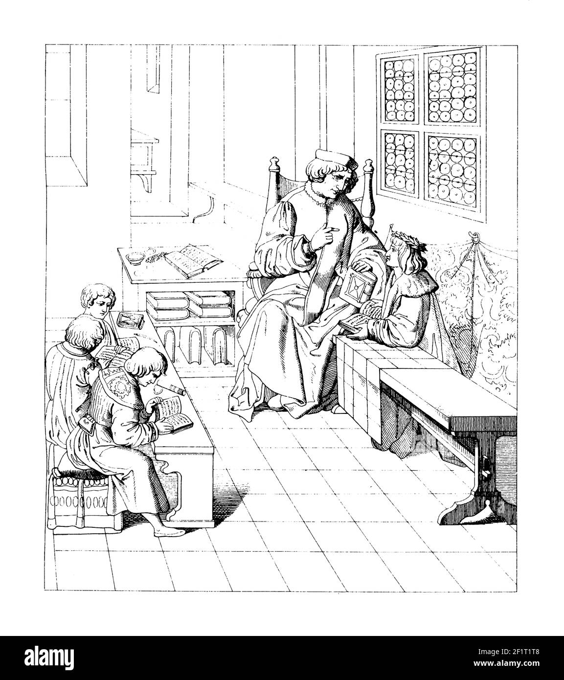 19th-century engraving of young Maximilian's education. Illustration published in Bilder-Atlas zur Weltgeschichte nach Kunstwerken alter und neuer Zei Stock Photo