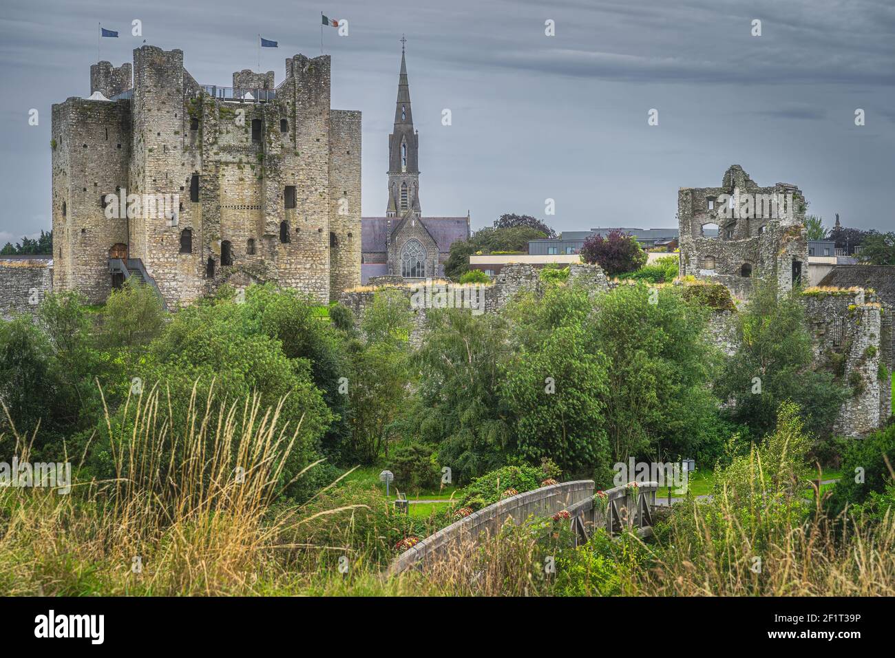 Old, ruined Trim Castle and St Patricks Catholic Church in the
