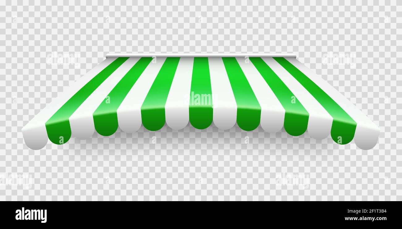 Green shop sunshade on transparent background. Realistic striped cafe ...