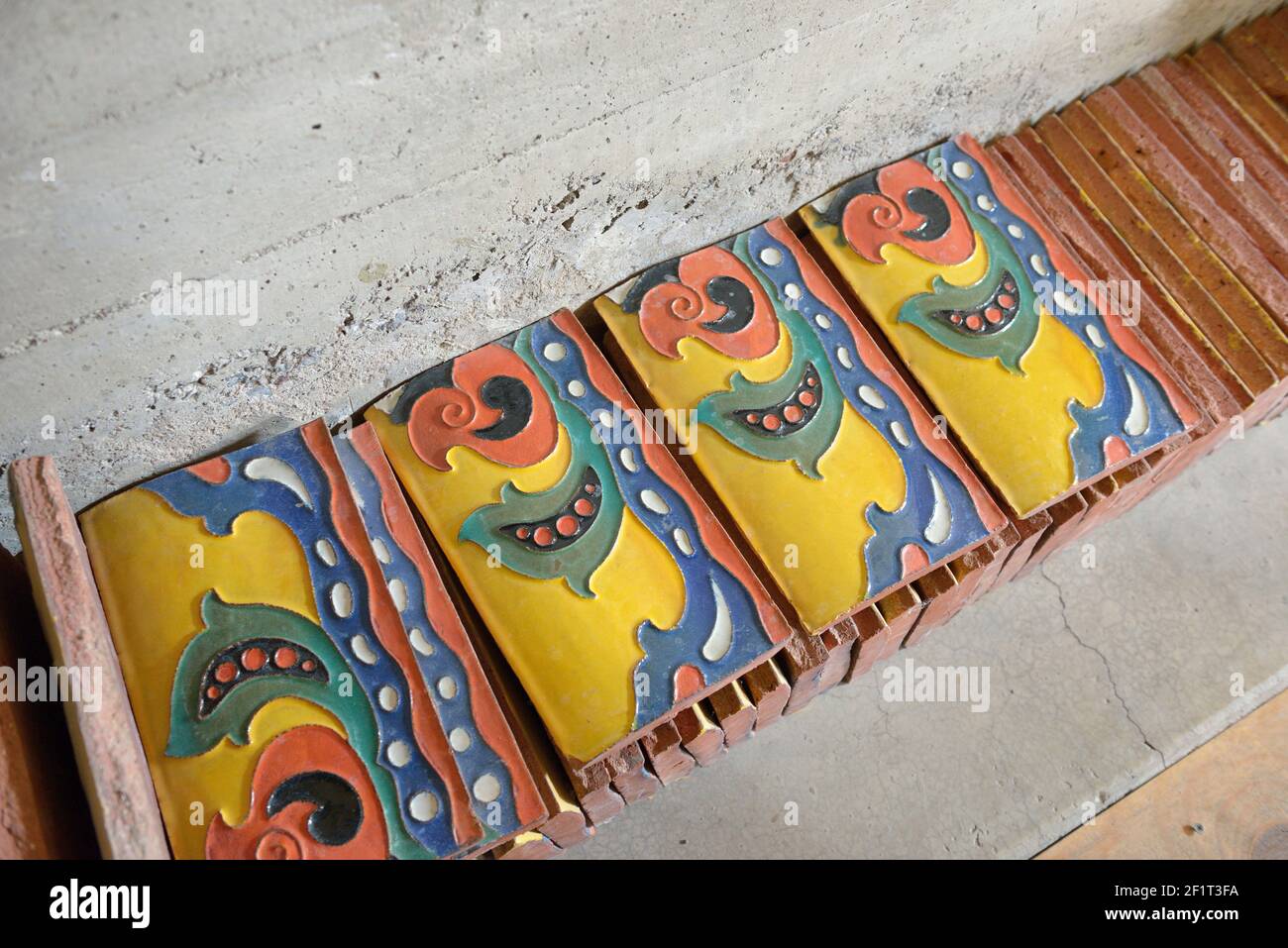 Glazed tile stored in the basement of Scotty's Castle,  Death Valley, California Stock Photo