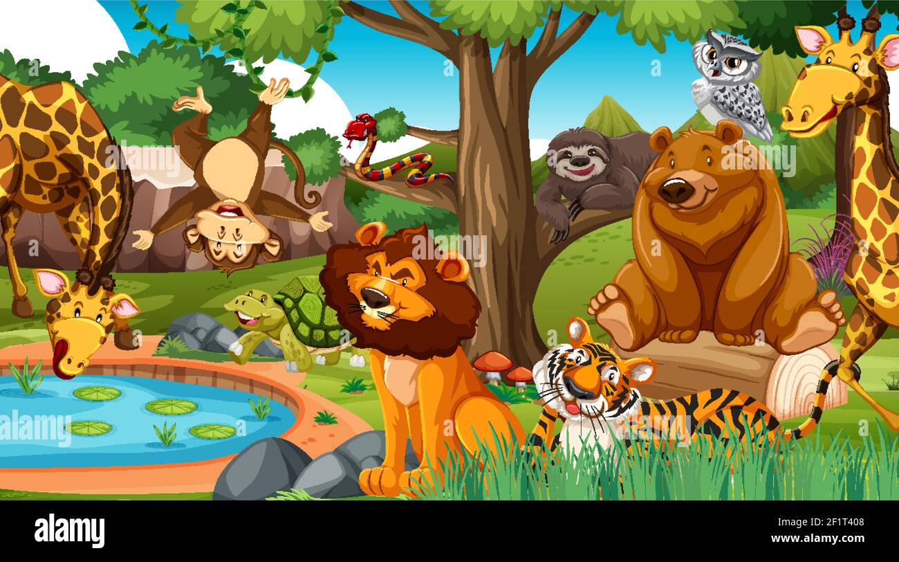 Wild animals in the jungle illustration Stock Vector Image & Art - Alamy