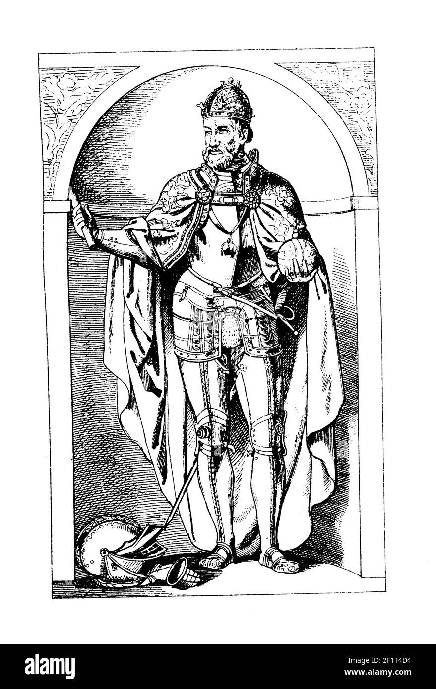 Antique engraving of a portrait of Ferdinand I, Holy Roman Emperor, King of Bohemia and Hungary. He was born on March 10, 1503 in Alcala de Henares, C Stock Photo