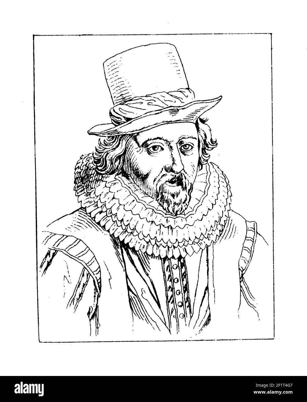 Antique 19th-century engraving of a portrait of Francis Bacon, English philosopher, statesman, scientist, lawyer, jurist, and author. Bacon was born o Stock Photo