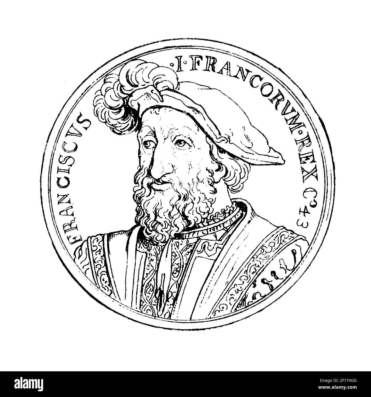 19th-century engraving of a portrait of Francis I, King of France. Born on September 12, 1494 in Cognac, Charente, France, he died on March 31, 1547 i Stock Photo