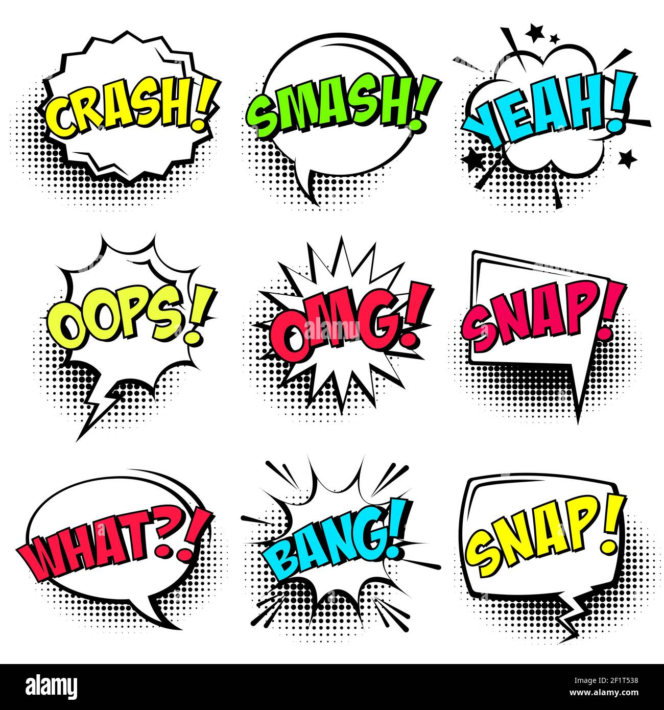 Comic speech bubbles with halftone shadows and colorful text isolated ...