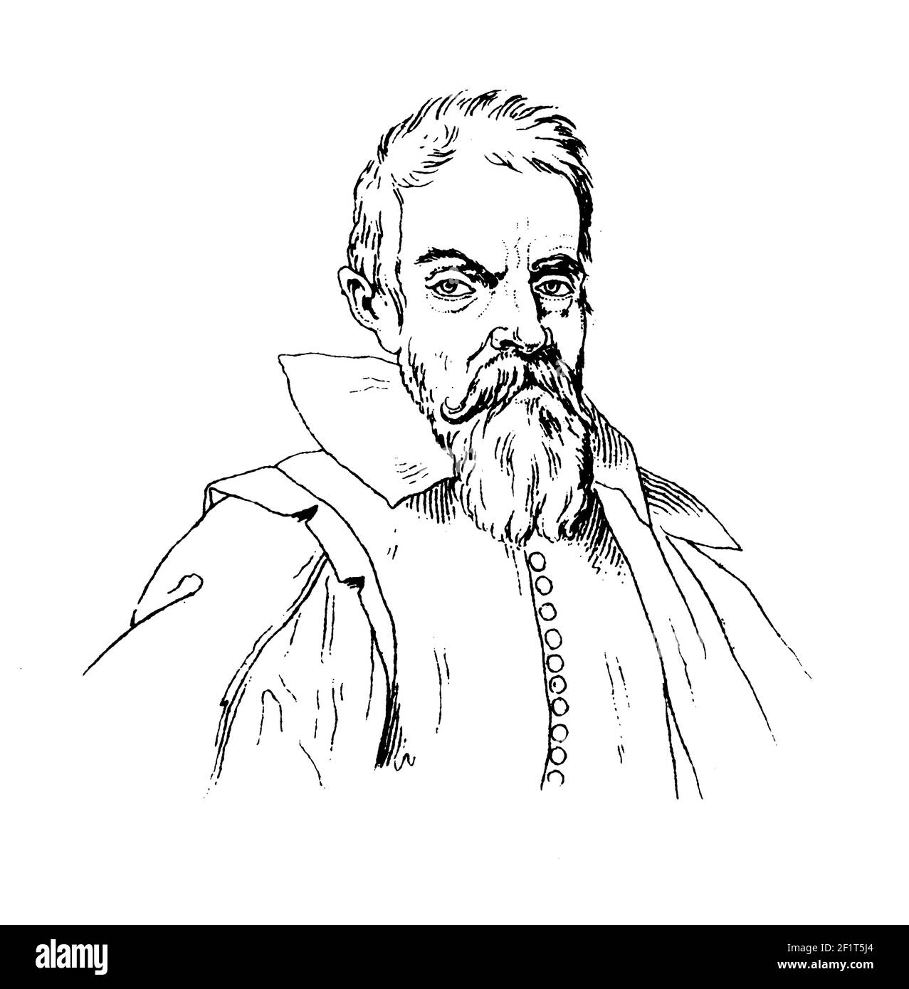 Antique 19th-century illustration of a portrait of Galileo Galilei, Italian physicist, mathematician, astronomer, and philosopher who played a major r Stock Photo