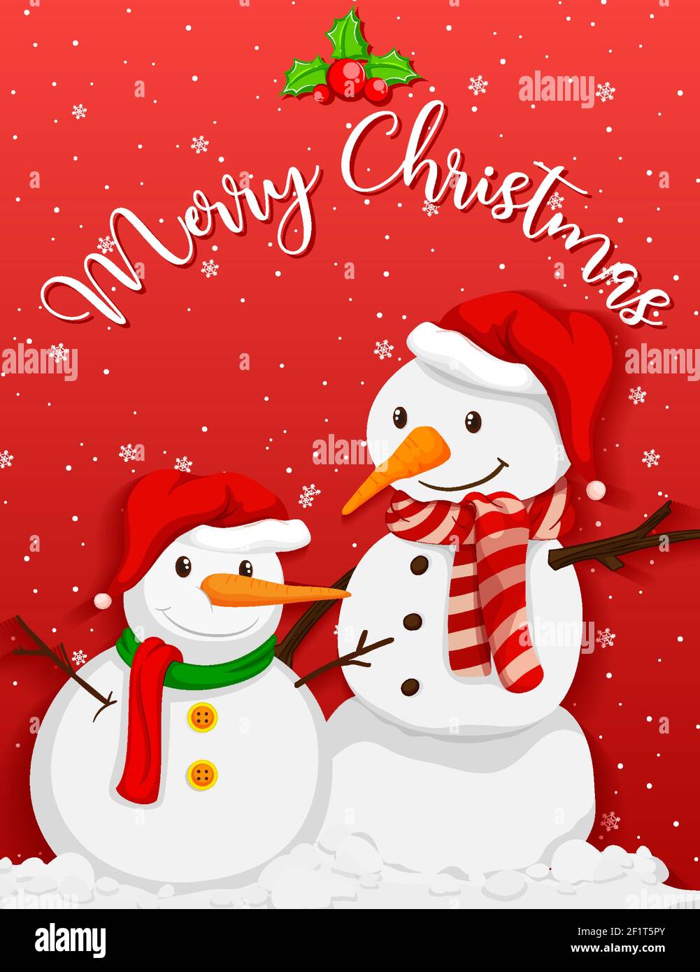 Cute snowman with christmas tree on red background illustration Stock ...