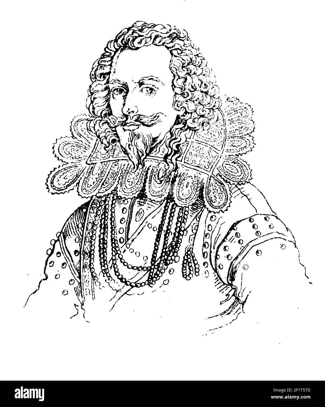 19th-century engraving of a portrait of George Villiers, First Duke of Buckingham. He was born on August 28, 1592 in Leicestershire, England and died Stock Photo