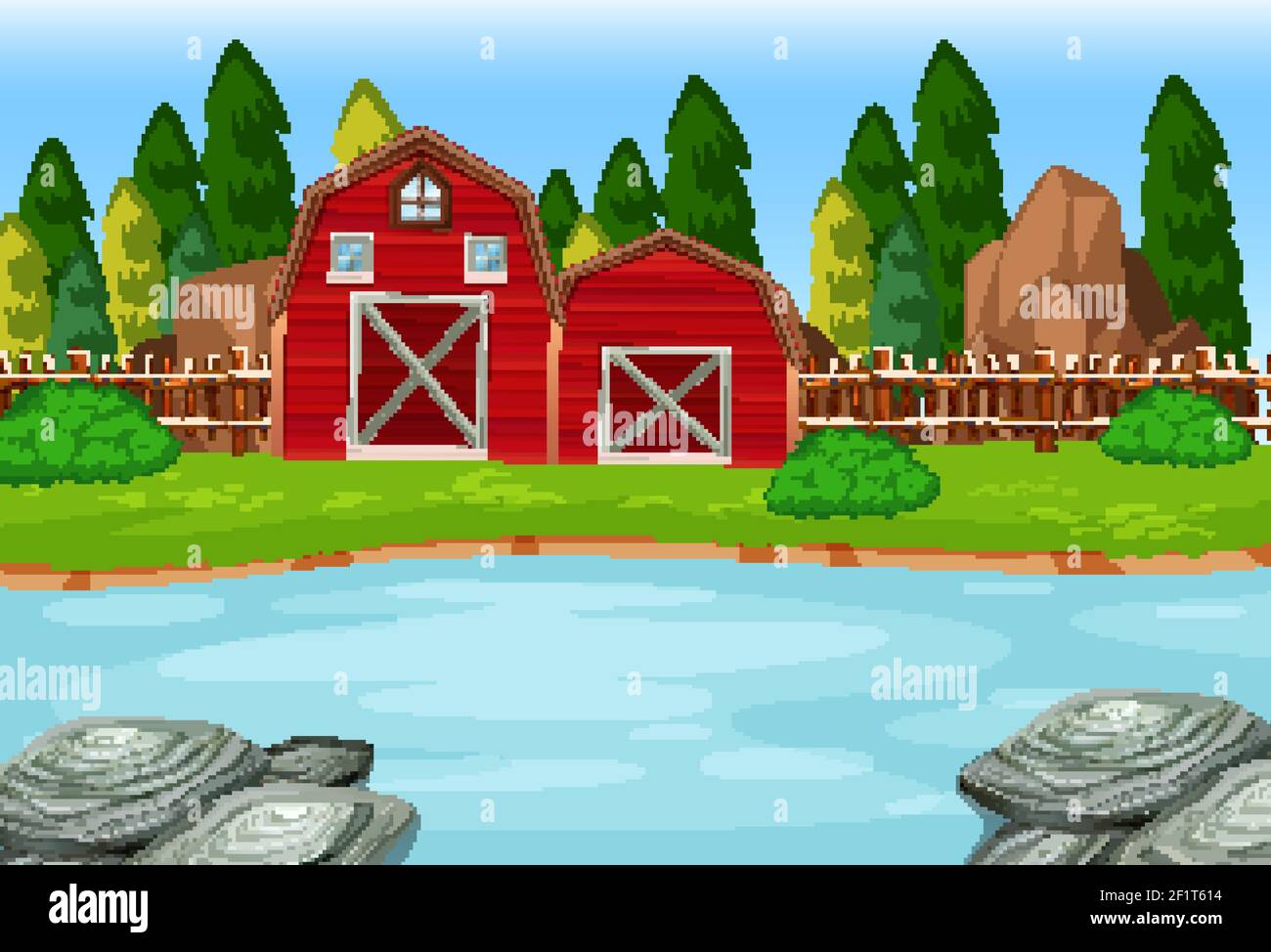 Two red barns in the nature scene illustration Stock Vector Image & Art ...