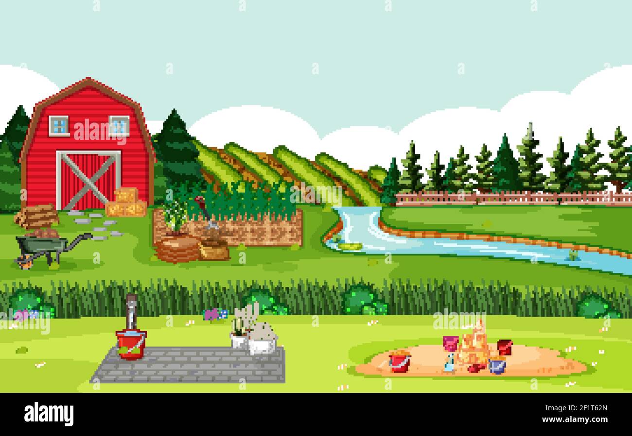 Farm scene with red barn in field landscape illustration Stock Vector ...