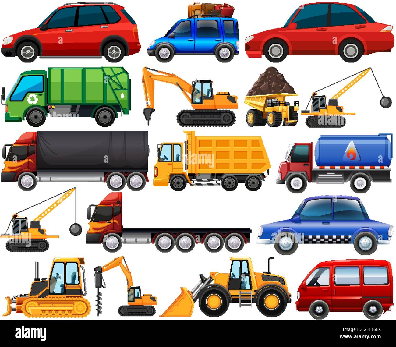 Set of different kind of cars and trucks isolated on white background