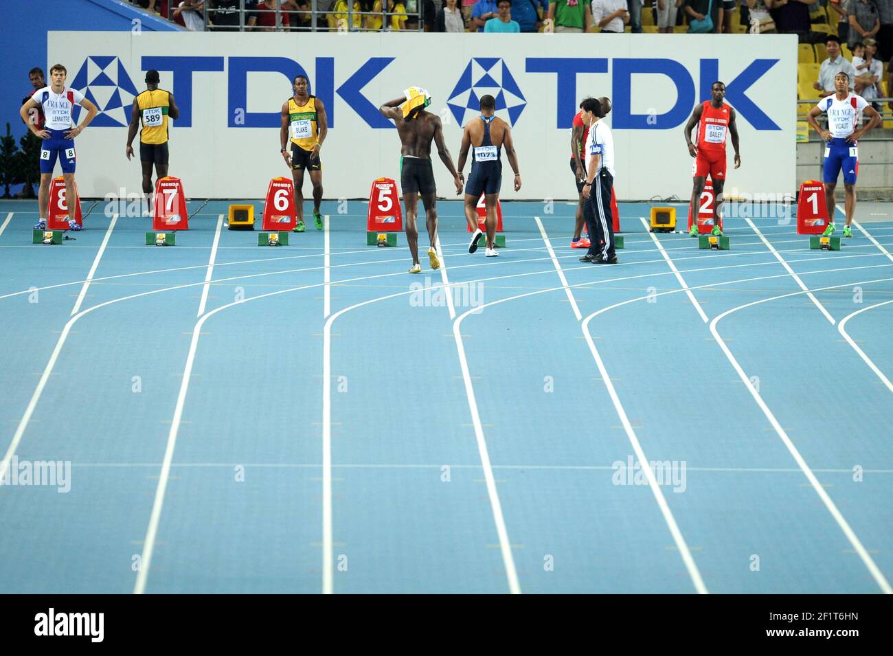 ATHLETICS - IAAF WORLD CHAMPIONSHIPS 2011 - DAEGU (KOR) - DAY 2 - 28/08/2011 - PHOTO : STEPHANE KEMPINAIRE / KMSP / DPPI - 100 M - FINALE - MEN - USAIN BOLT (JAM)DISQUALIFED FOR FALSE START - YOHAN BLAKE (JAM) - WINNER - SECOND PLACE WALTER DIX (USA) Stock Photo