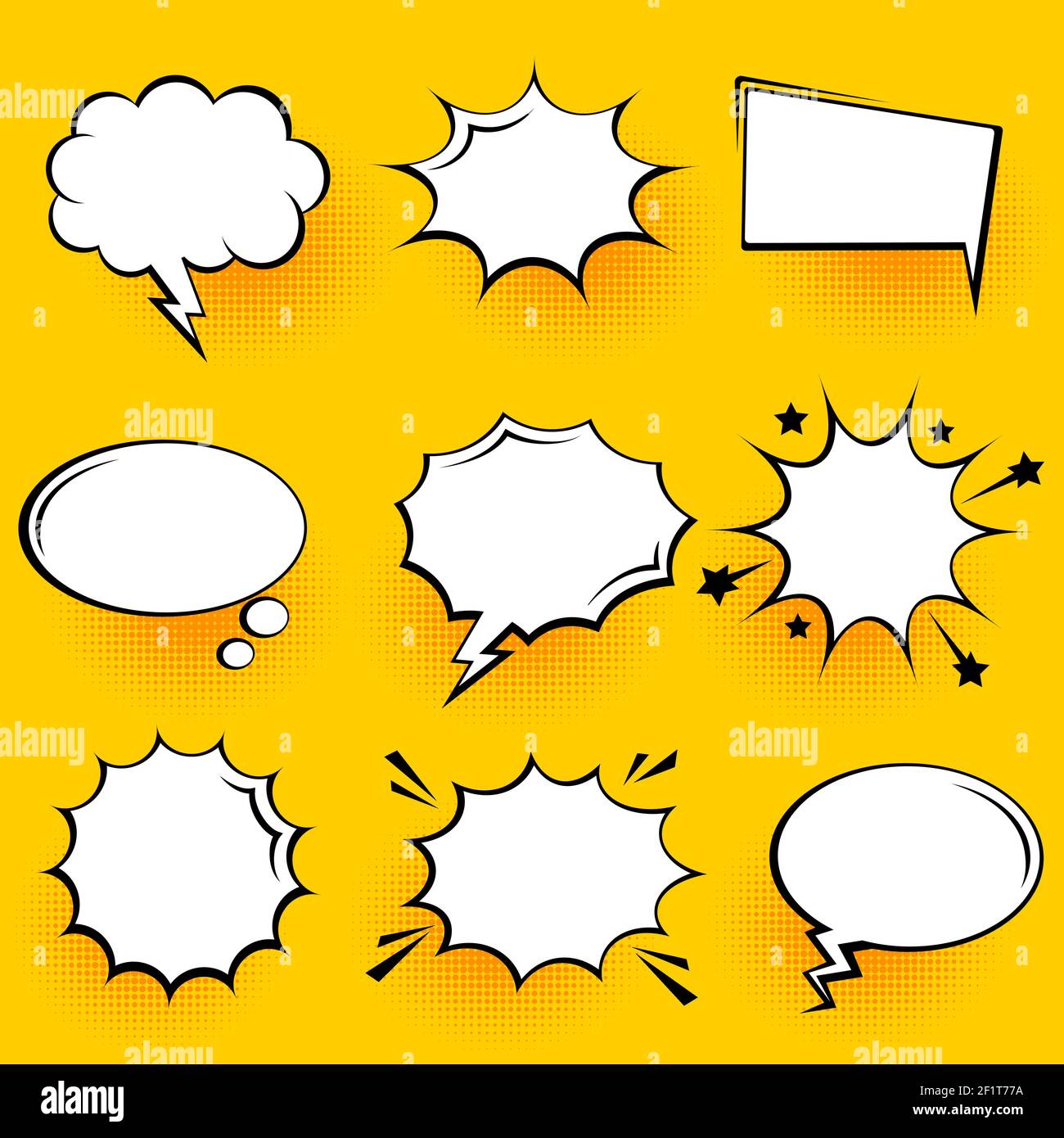 Blank comic speech bubbles with halftone shadows on yellow background ...