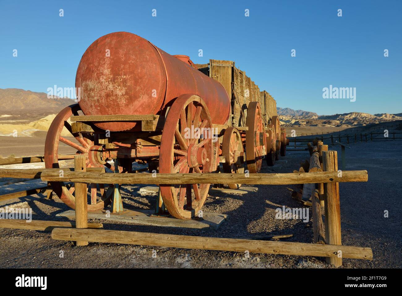 20 Mule Team mining carts at the Harmony Borax Works, Death Valley, California Stock Photo