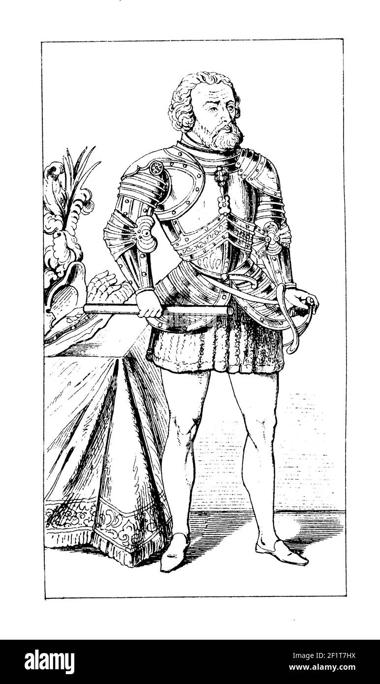 Antique 19th-century illustration of a portrait of Hernan Cortes, Spanish conquistador and First Marques del Valle de Oaxaca. Cortes was born in 1485 Stock Photo