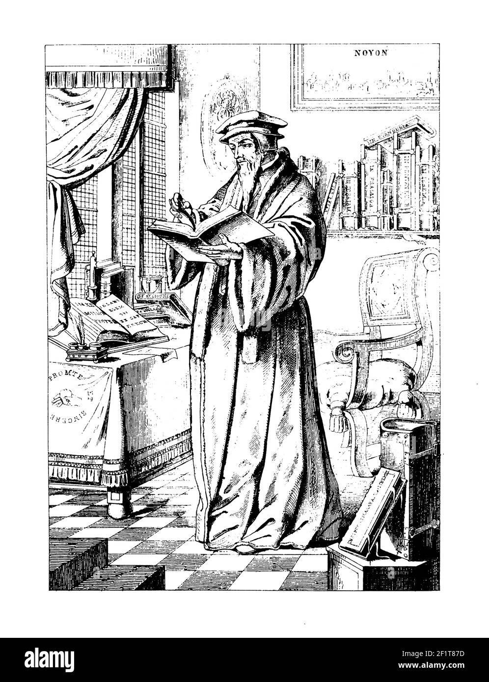 Antique engraving of a portrait of Jean (John) Calvin, French theologian and pastor. Calvin was born on July 10, 1509 in Noyon, Picardy, France and di Stock Photo