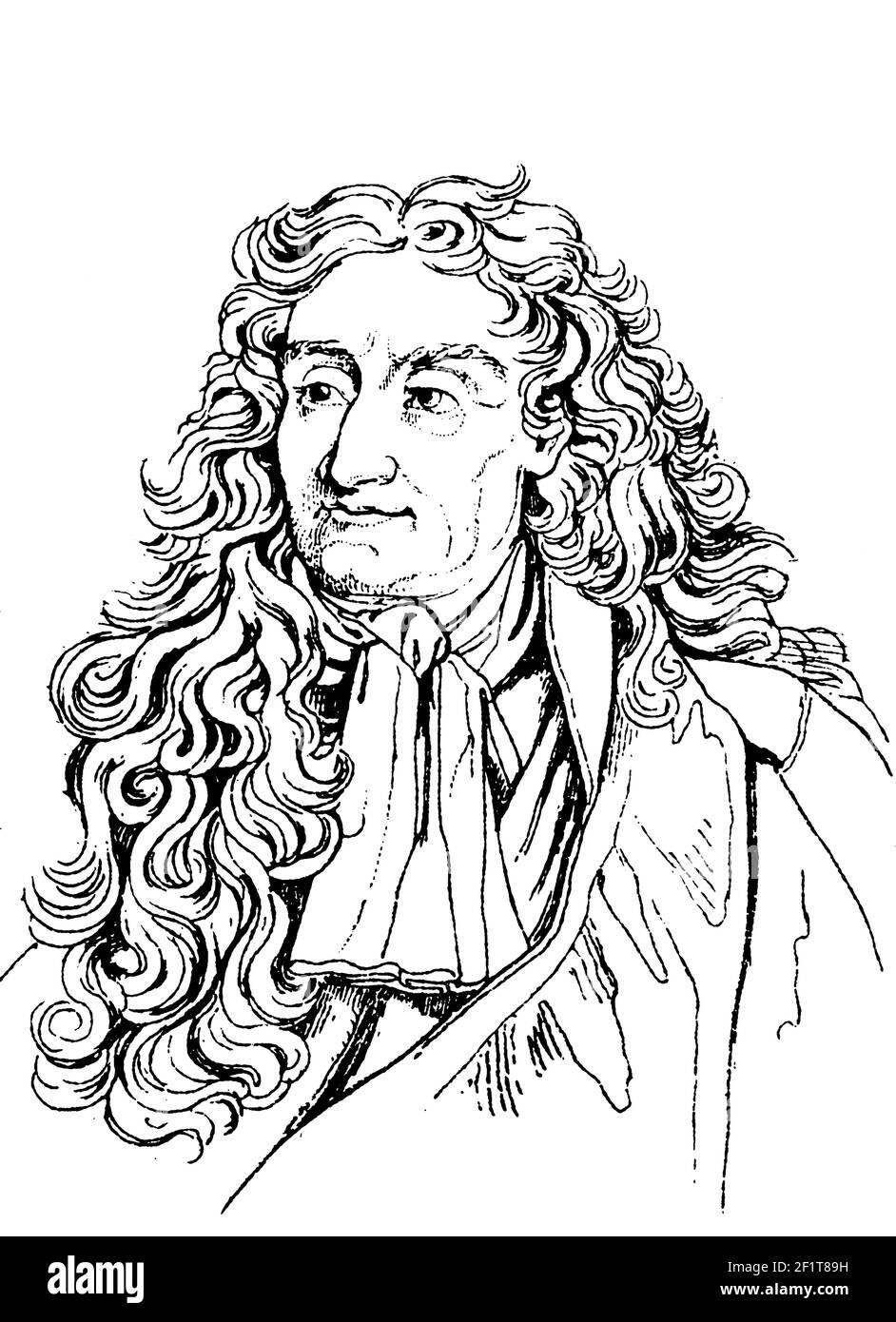 Antique illustration of a portrait of Jean de La Fontaine, the most famous French fabulist. He was born on July 8, 1621 in Chateau-Thierry, Champagne, Stock Photo