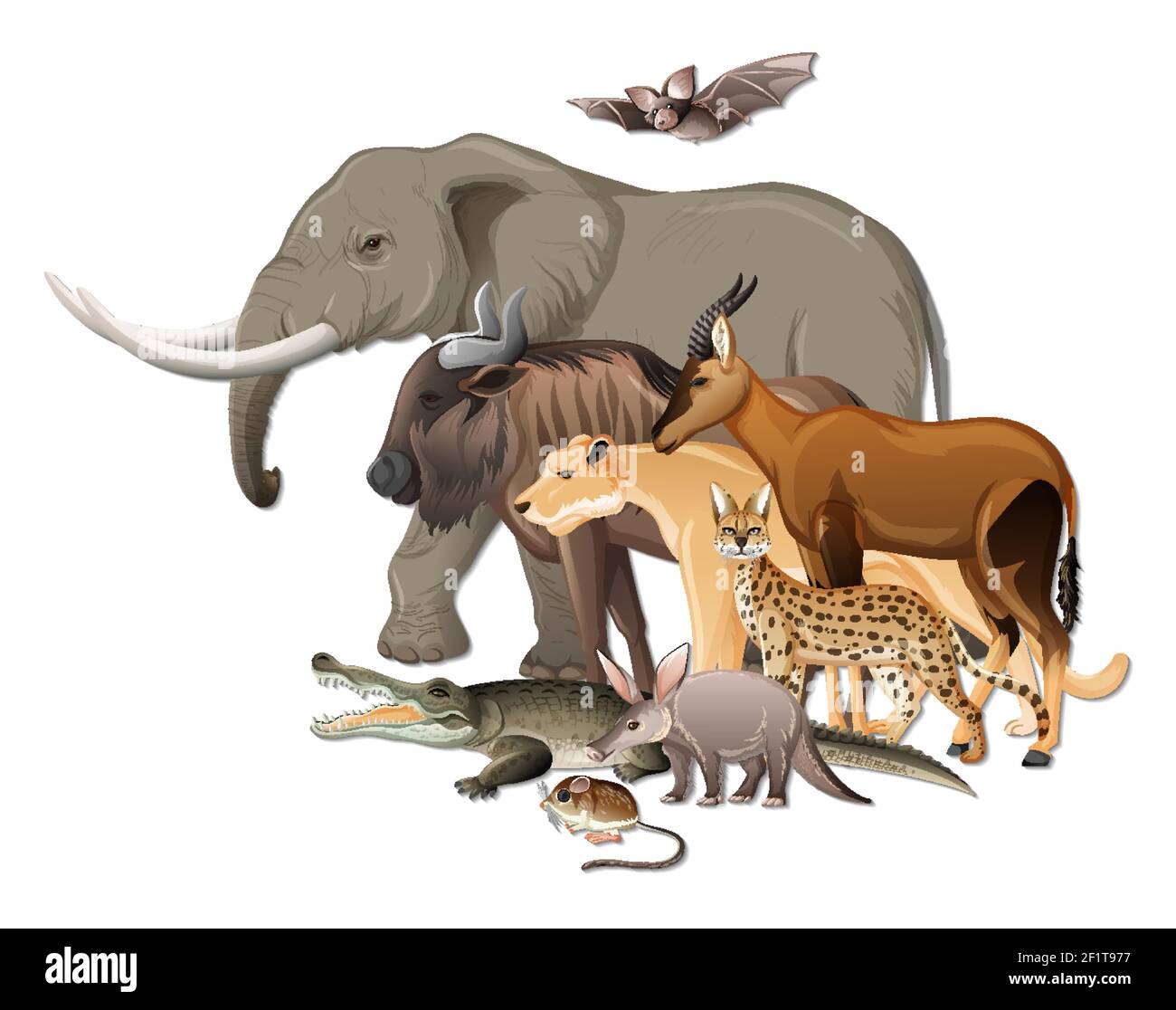 Group of wild African animals on white background illustration Stock ...