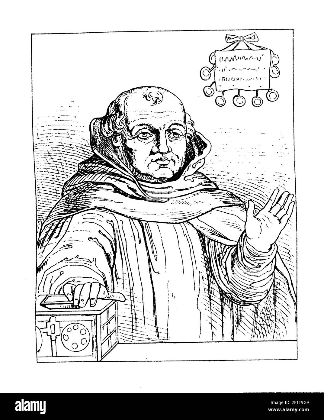 Antique 19th-century illustration of a portrait of Johann Tetzel, German Dominican preacher. He was born in 1465 in Pirna, Saxony, Germany and died on Stock Photo