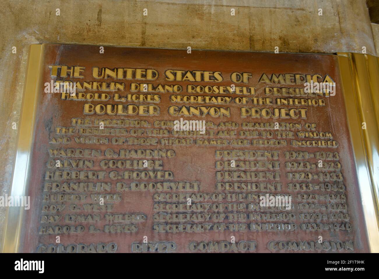 Bronze plaque honoring the USA administration for construction of Hoover Dam, Arizona, Nevada, USA Stock Photo