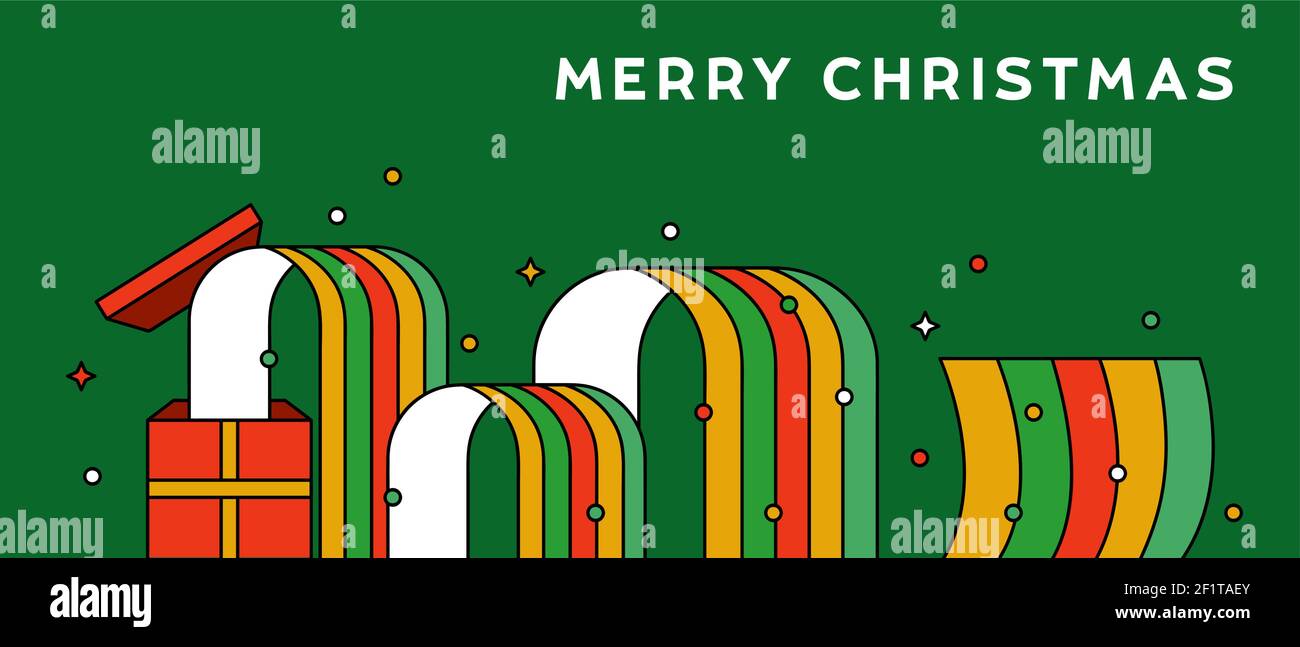 Merry Christmas web banner illustration, modern flat outline cartoon gift box with colorful rainbow wave for special holiday event or xmas season gree Stock Vector