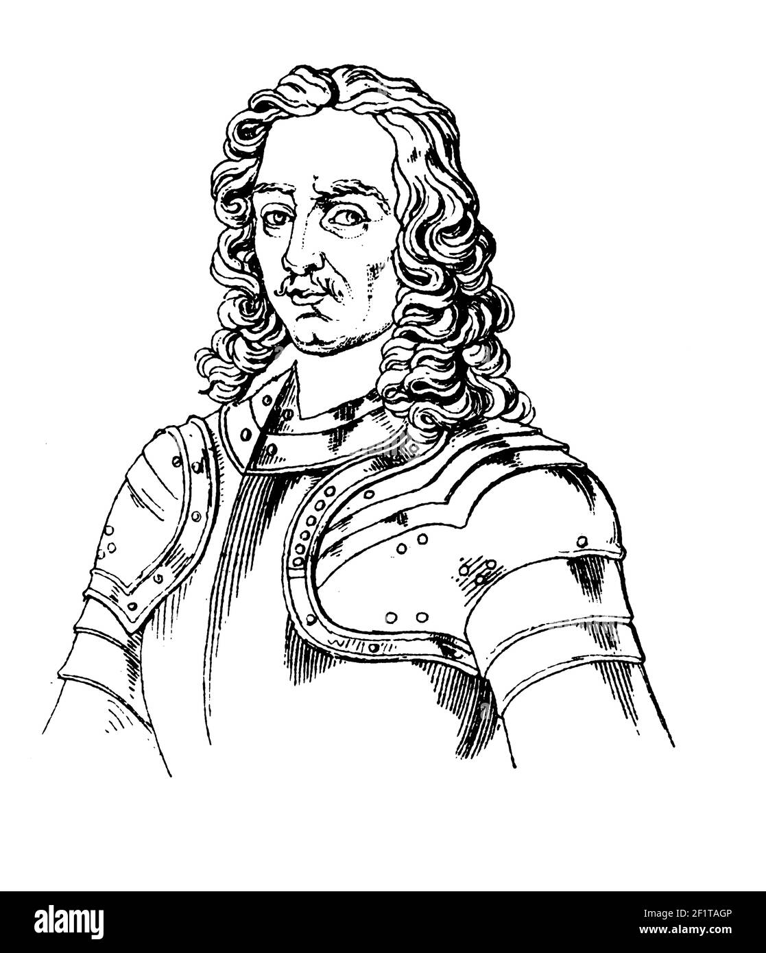 Antique illustration of a portrait of John Hampden, English politician. He was born in 1595 and died on June 24, 1643 in England. Engraving published Stock Photo