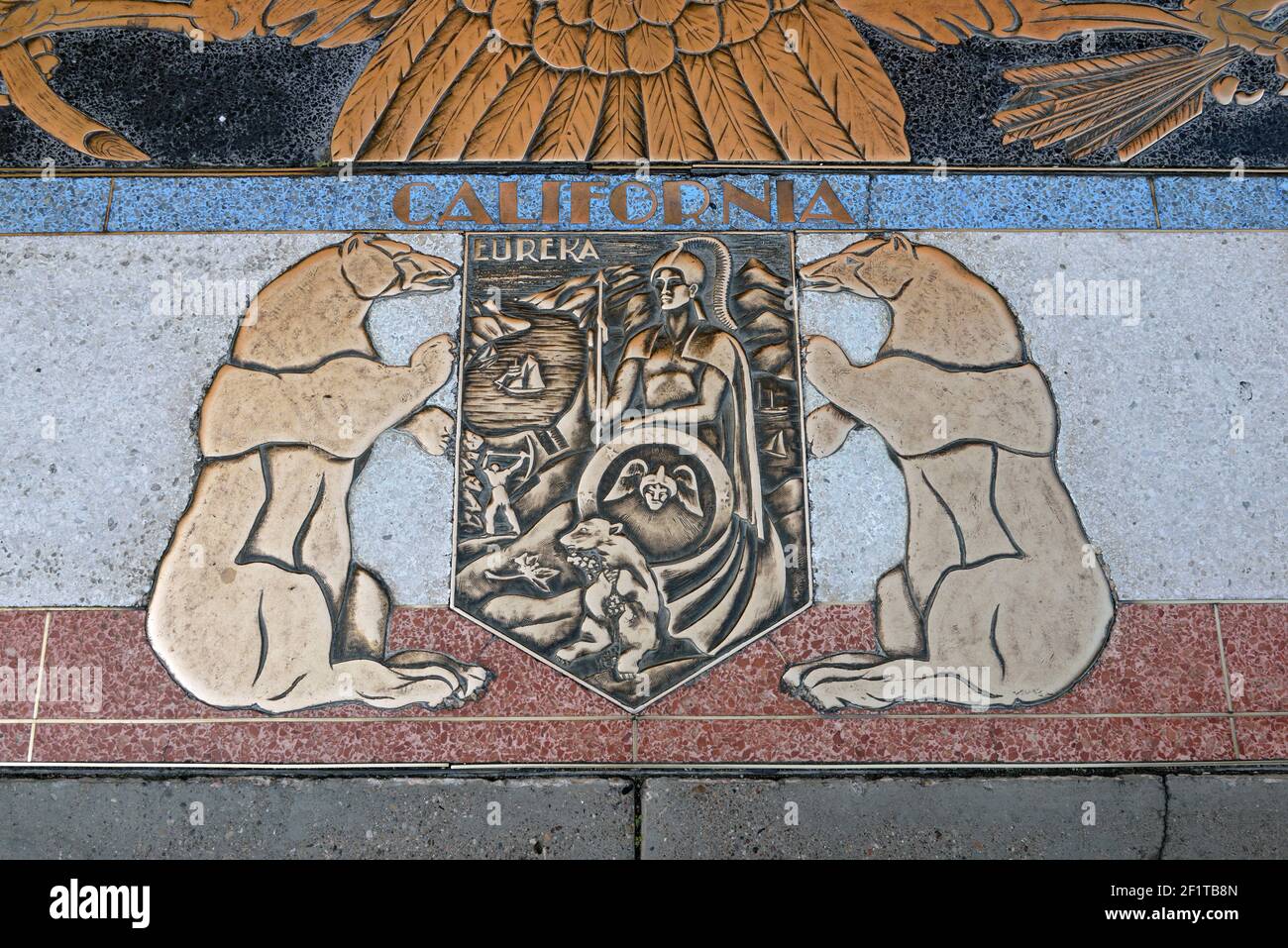 Bas relief plaque for California is inlaid into Hoover Dams plaza's surface, one of the seven states that fall within the Colorado River's basin. Hoov Stock Photo