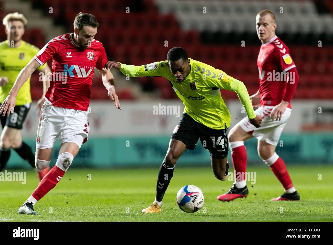 LONDON. UK. MARCH 9TH: Mickel Miller of Northampton Town and Chris Gunter of Charlton compete for the ball during the Sky Bet League 1 match between Charlton Athletic and Northampton Town at The Valley, London on Tuesday 9th March 2021. (Credit: Juan Gasparini | MI News) Credit: MI News & Sport /Alamy Live News Stock Photo