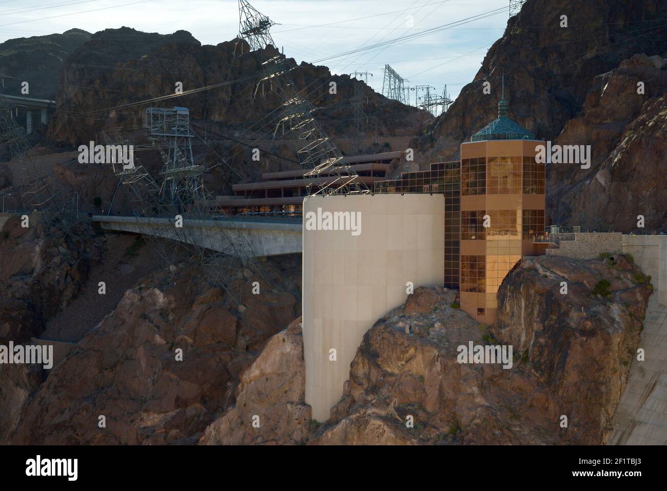 Visitors Center and power lines at Hoover Dam, Arizona, Nevada, USA Stock Photo