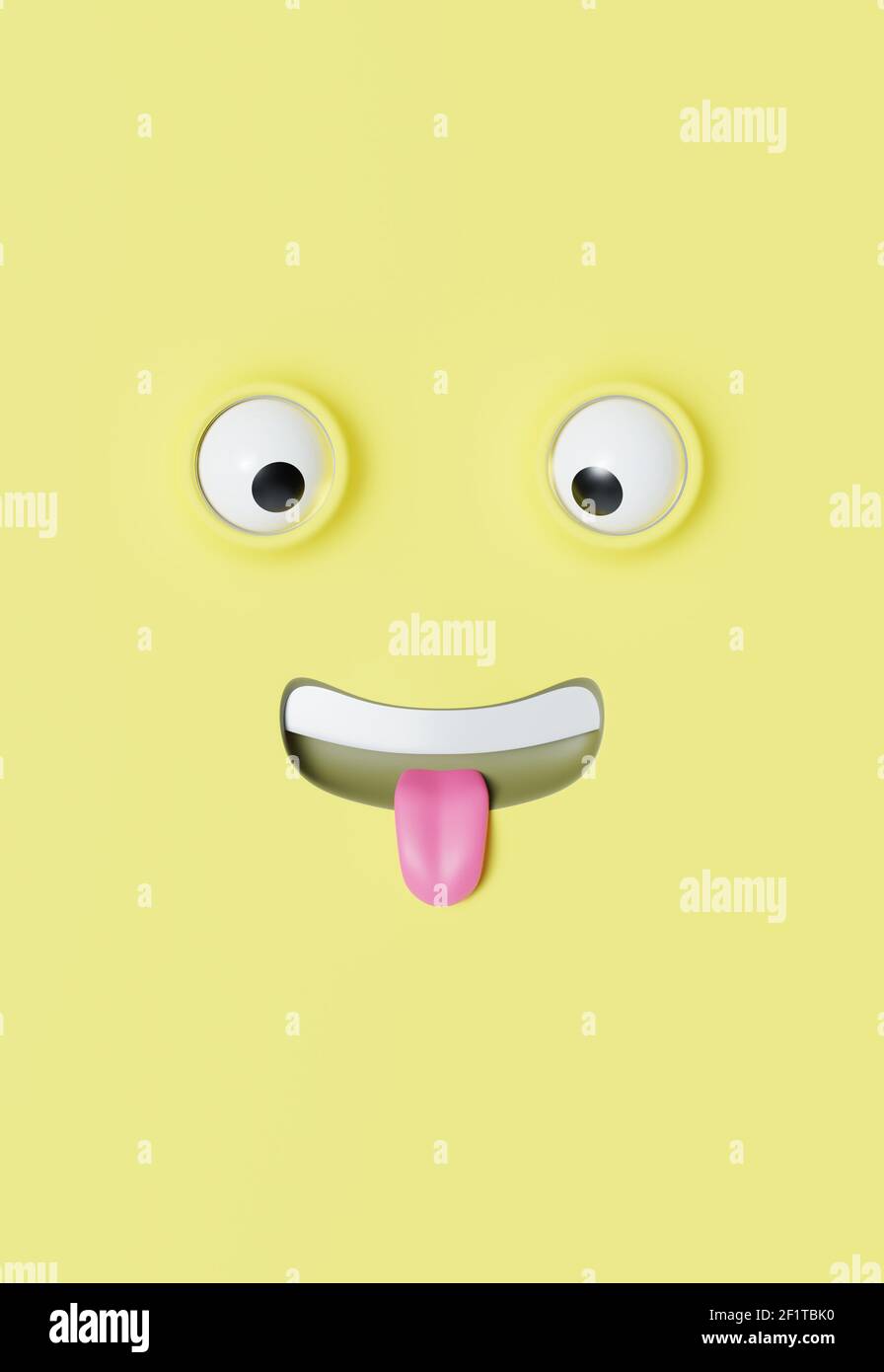 funny guy with cross-eyed stuck out his tongue, cartoon face, cool screensaver on a mobile phone, 3d render Stock Photo