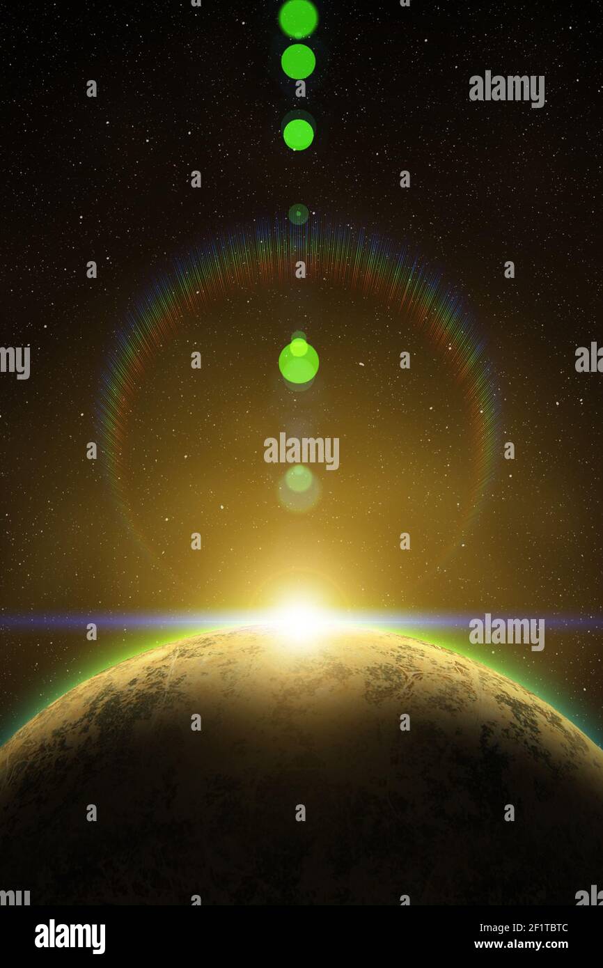 Sunrise in space and planet on the foreground. Stock Photo