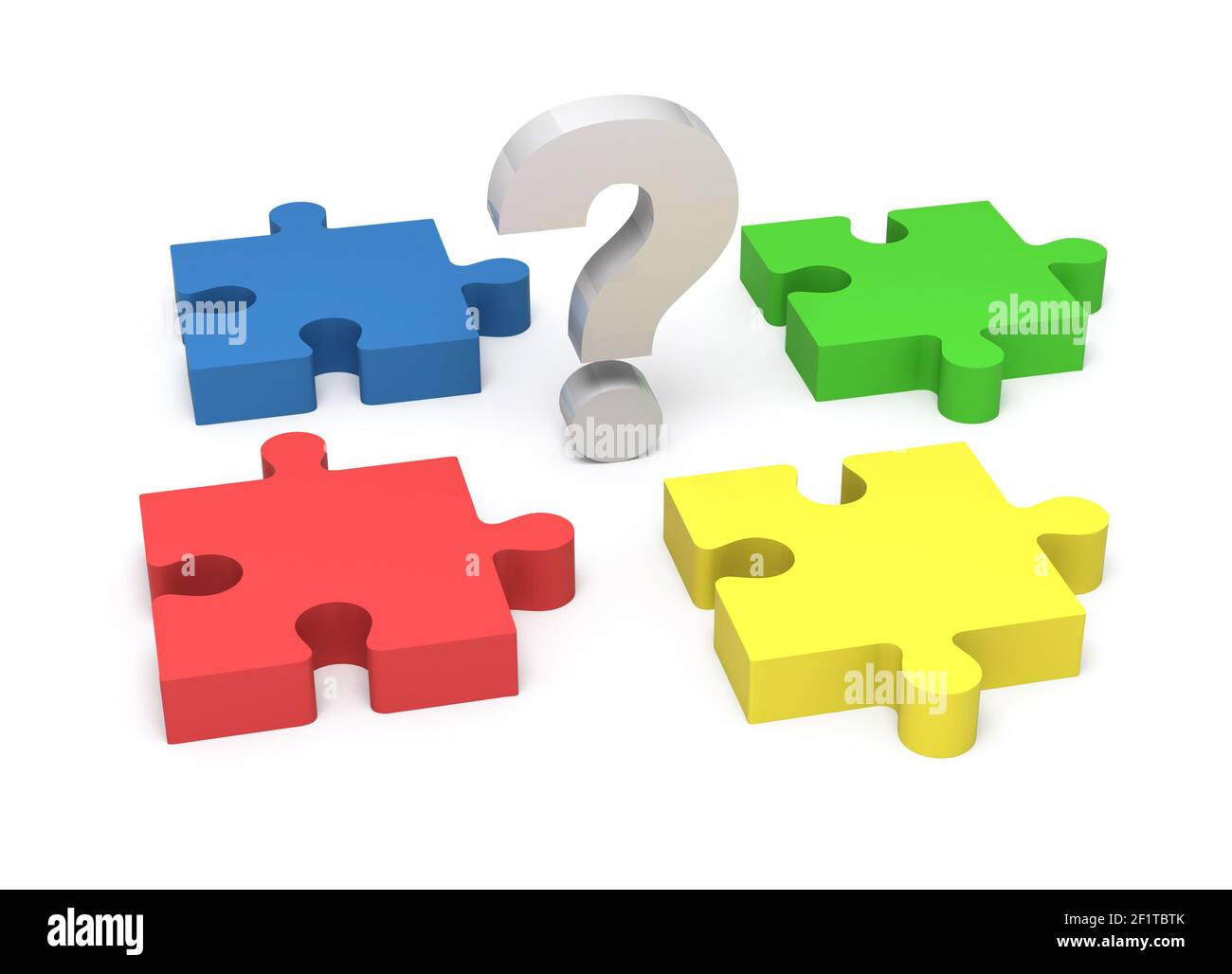 3D puzzle and question mark isolated on white background. Concept solution. Stock Photo