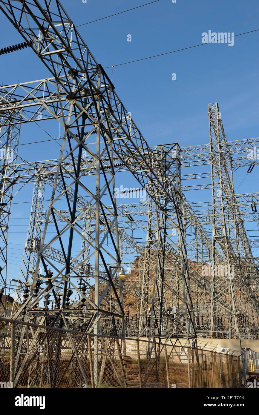 Power lines at Hoover Dam, Arizona, Nevada, USA Stock Photo