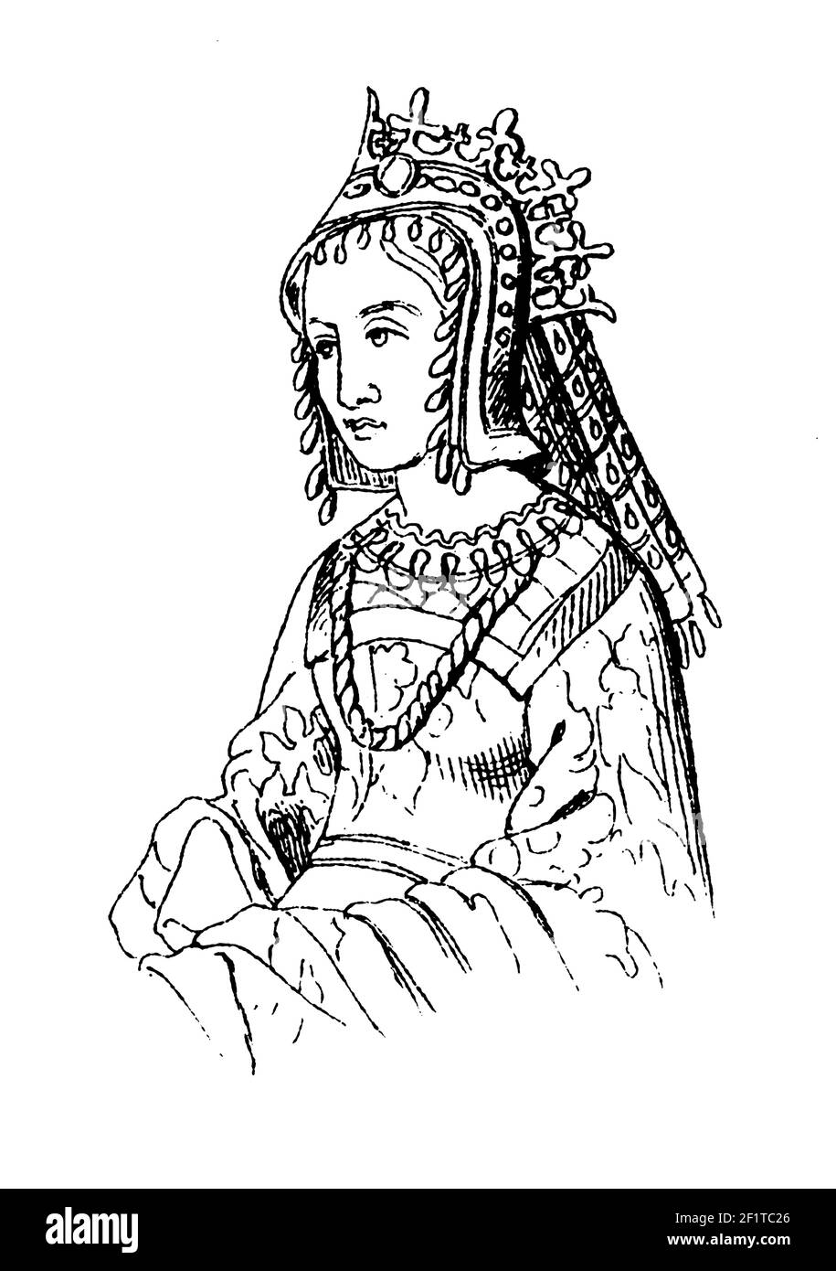 Antique 19th-century illustration of a portrait of Margaret of Anjou, Queen consort of England. She was born on March 23, 1430 in Lorraine, France and Stock Photo