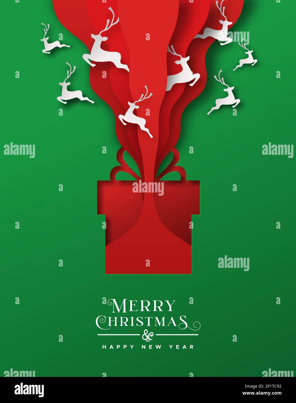 Merry Christmas Happy New Year greeting card illustration of 3D papercut red xmas gift box with jumping reindeer animal in festive color background. Stock Vector