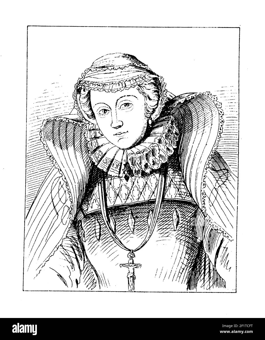 Antique 19th-century illustration of a portrait of Mary I, Queen of Scots. She was born on December 8, 1542 in Linlithgow, Scottland and died on Febru Stock Photo